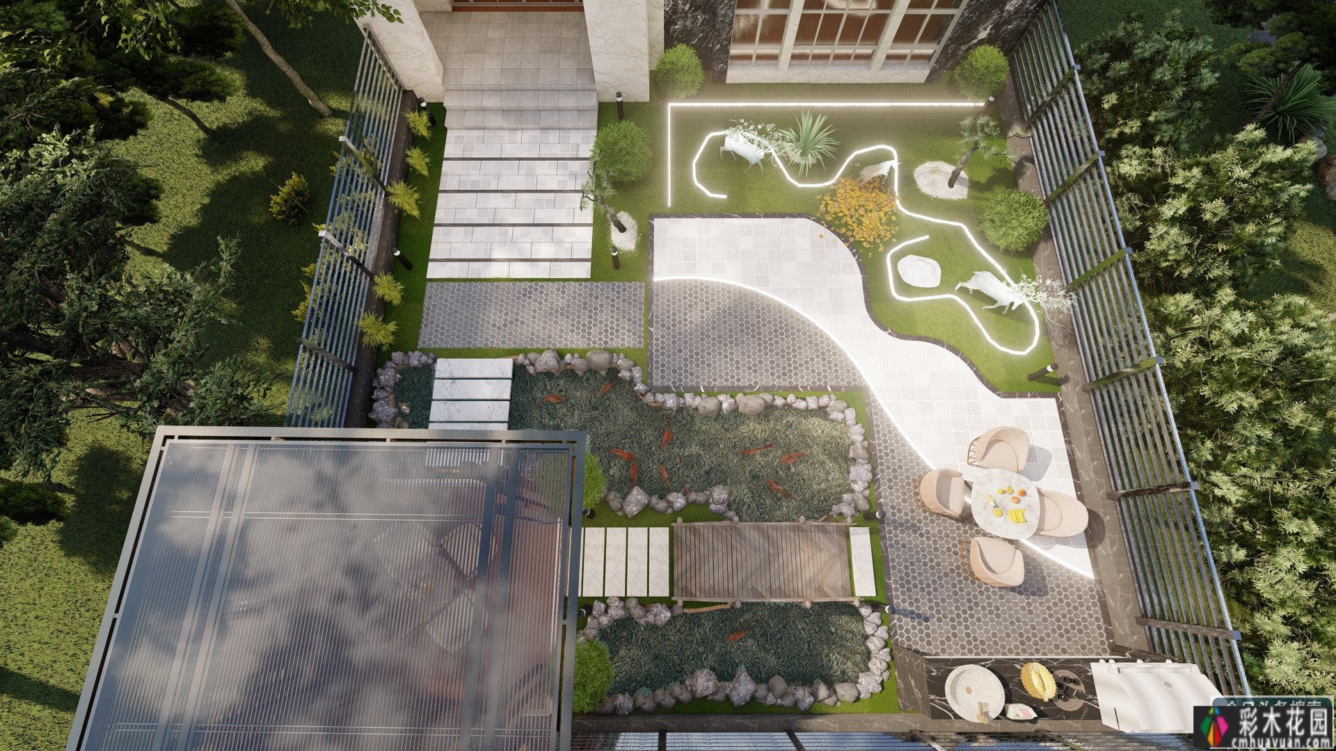 别墅庭院 花园如何设计各有特色？来看看这套，鱼塘景观铺装是亮点